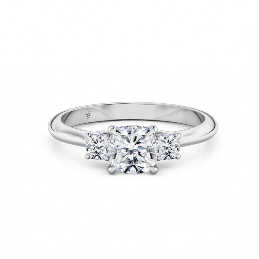 Cushion Cut Trilogy Diamond Engagement Ring 18K White Gold