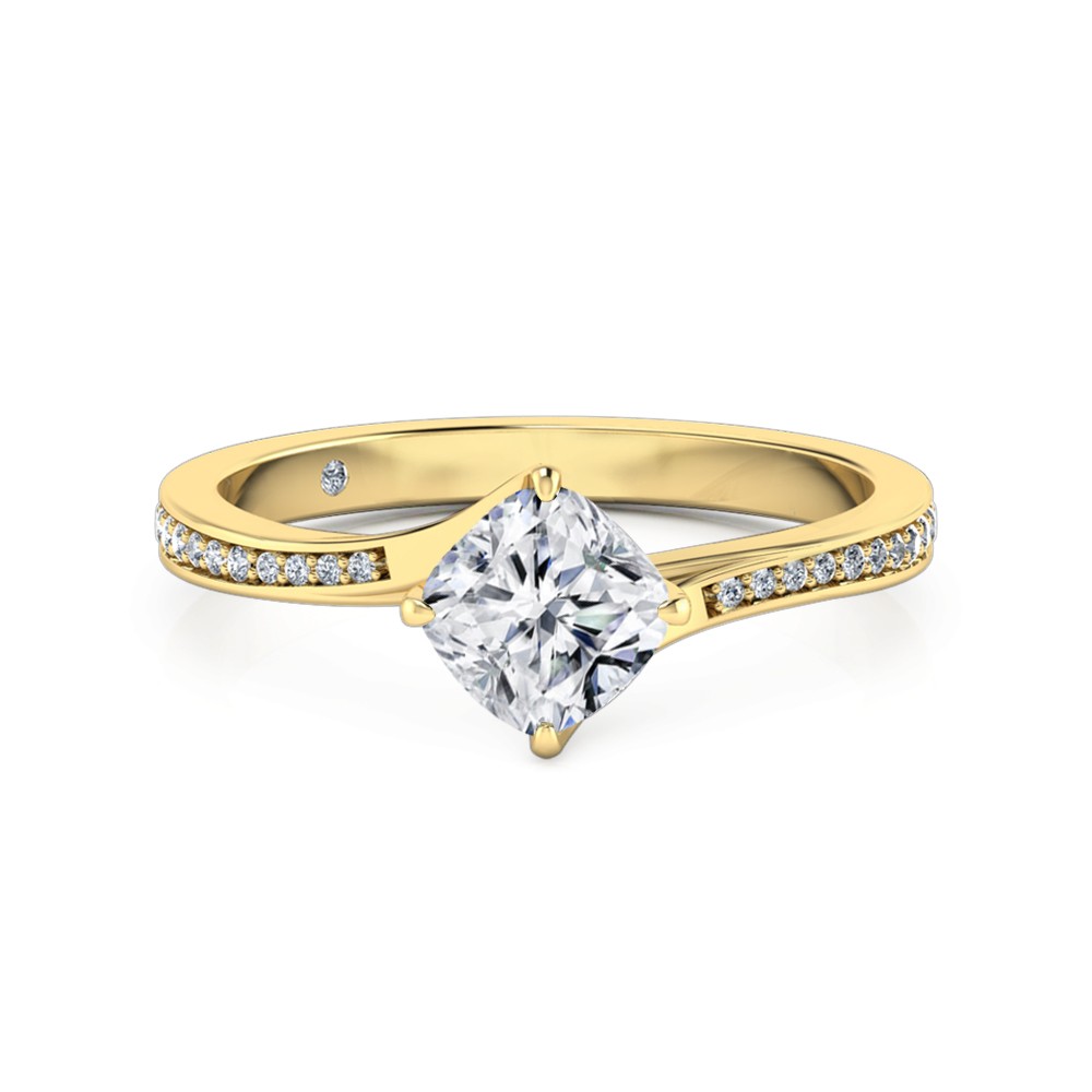 Cushion Cut Diamond Band Diamond Engagement Ring 18K Yellow Gold