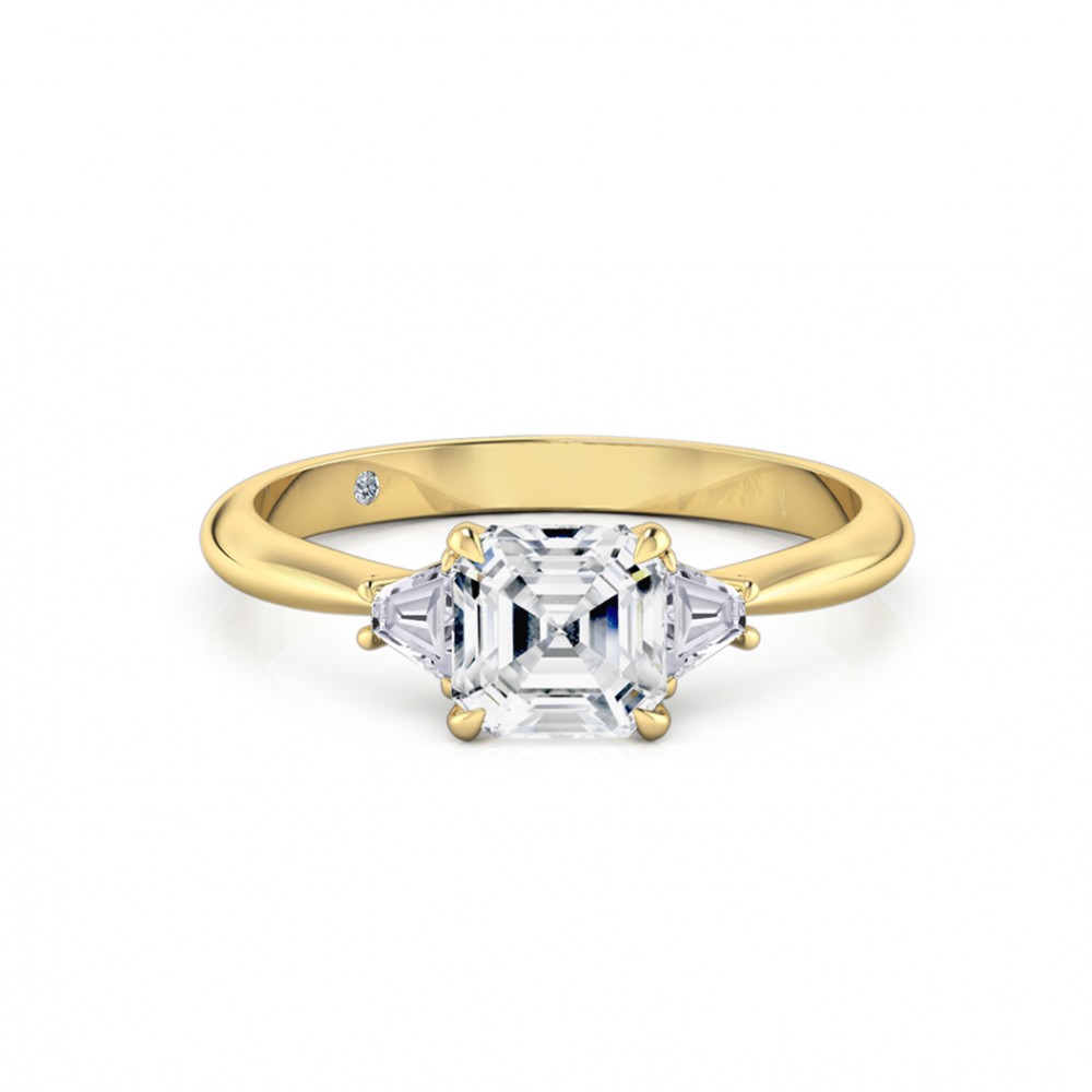 Asscher Cut Trilogy Diamond Engagement Ring 18K Yellow Gold