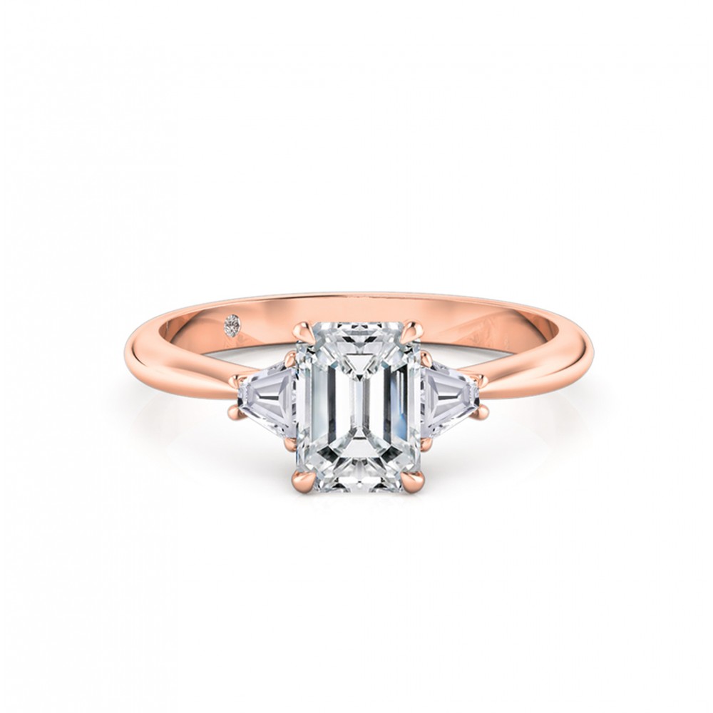 Emerald Cut Trilogy Diamond Engagement Ring 18K Rose Gold