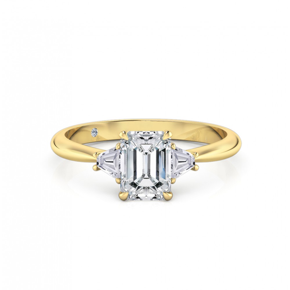 Emerald Cut Trilogy Diamond Engagement Ring 18K Yellow Gold