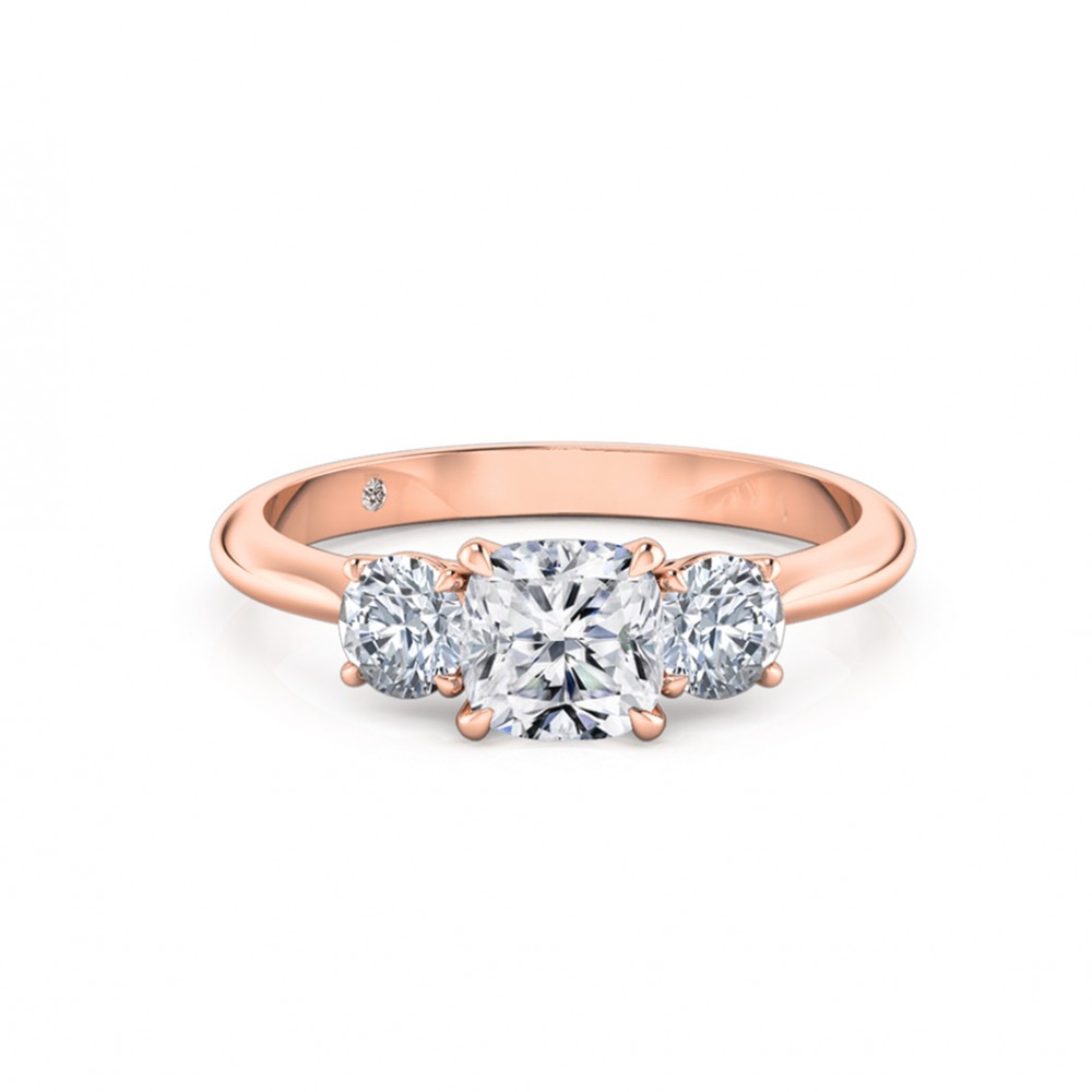 Cushion Cut Trilogy Diamond Engagement Ring 18K Rose Gold