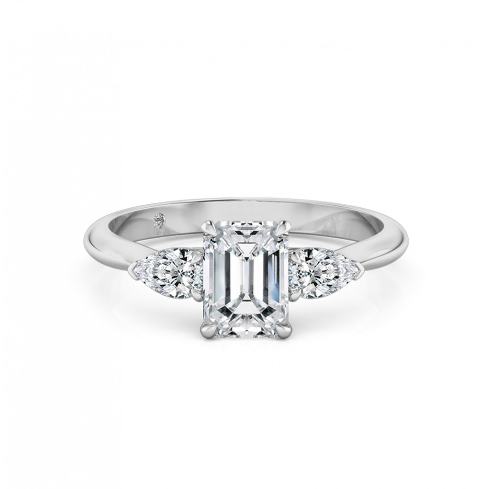 Emerald Cut Trilogy Diamond Engagement Ring 18K White Gold