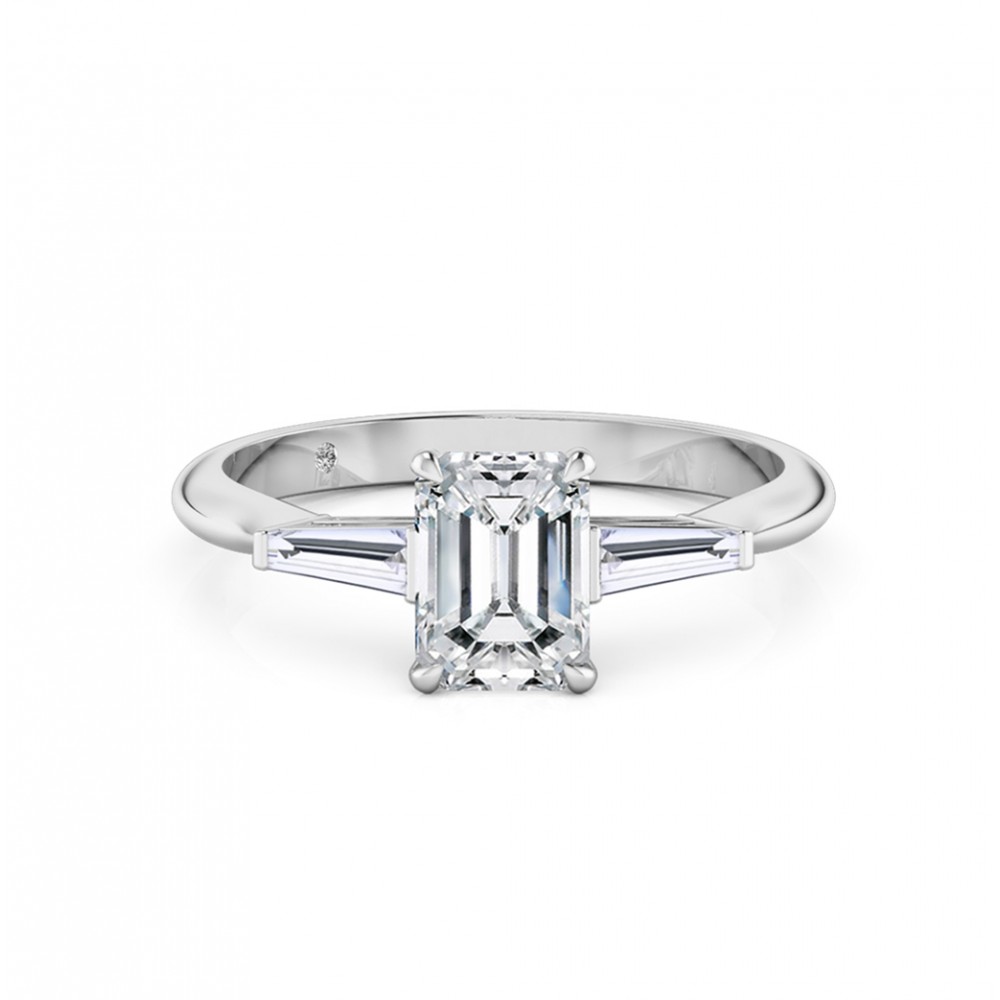 Emerald Cut Trilogy Diamond Engagement Ring 18K White Gold
