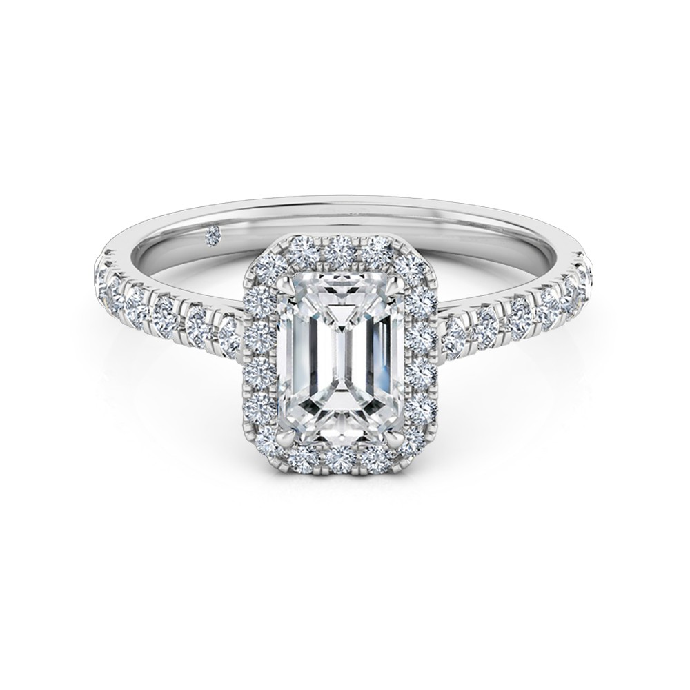 Emerald Cut Halo Diamond Engagement Ring 18K White Gold